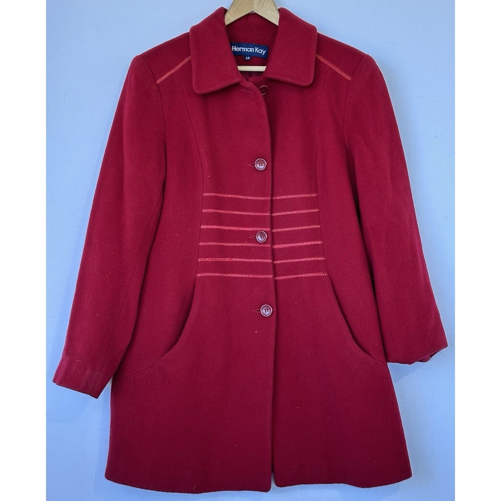 Herman Kay Red Wool Coat Stitching Lined Long Women's Sz Large